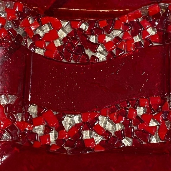 Vintage Fused  Red Glass Dish Wall Art Minimalist Mosaic Detail Signed Arcotex - Picture 12 of 12